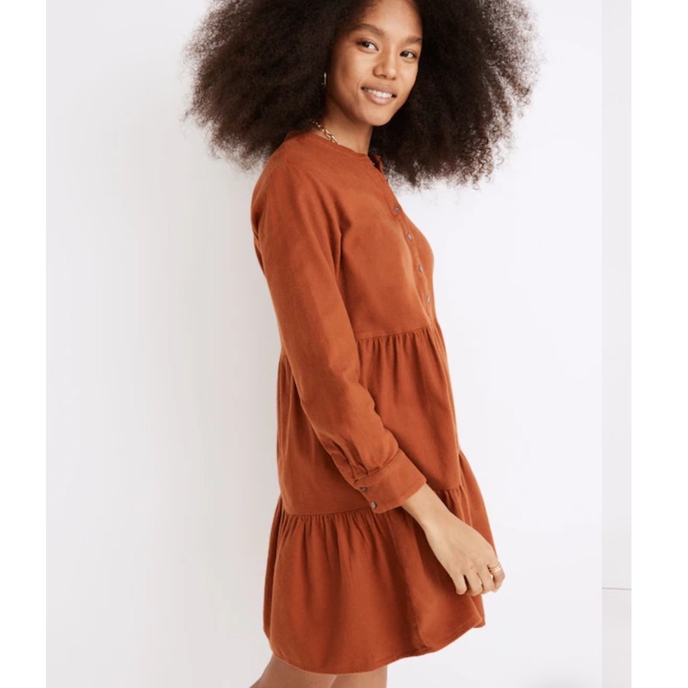 Madewell Flannel Button-Placket Tiered Mini Dress‎ Warm Nutmeg XXL - Picture 2 of 8